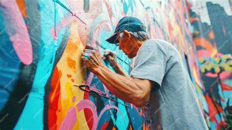 Artista pintando mural colorido en fachada
