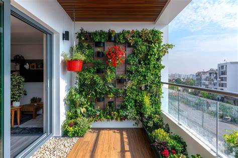 jardín vertical junto a piso de madera