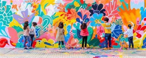 Niños pintando mural colaborativo escolar