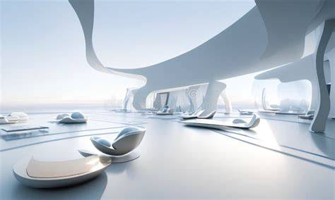 Terraza futurista con asientos cromados
