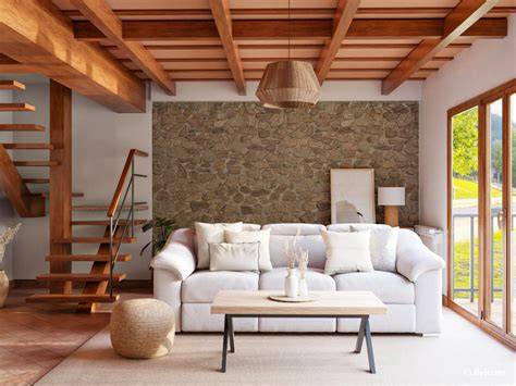 Salón con pared de piedra y ladrillo
